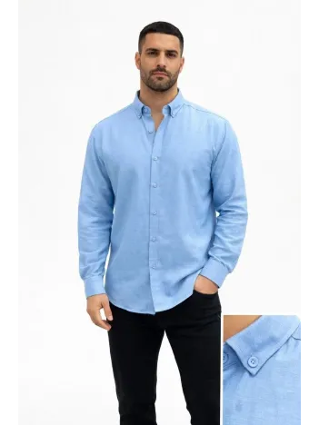 Erkek Keten Kumaş Oversize Uzun Kollu Rahat Kalıp Gömlek - Açık Mavi