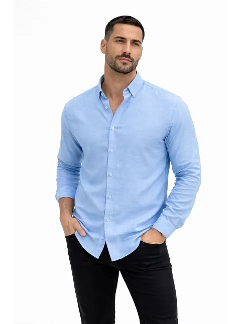 Erkek Keten Kumaş Oversize Uzun Kollu Rahat Kalıp Gömlek - Açık Mavi