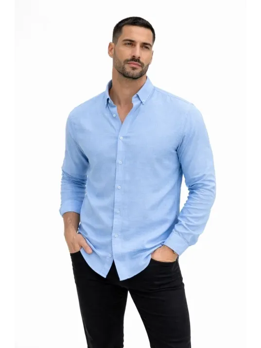 Erkek Keten Kumaş Oversize Uzun Kollu Rahat Kalıp Gömlek - Açık Mavi