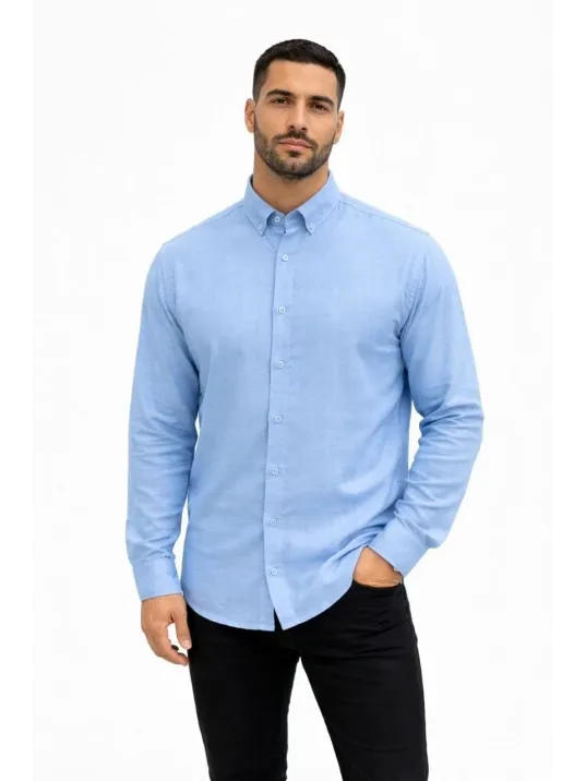 Erkek Keten Kumaş Oversize Uzun Kollu Rahat Kalıp Gömlek - Açık Mavi