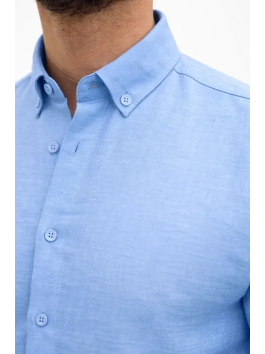 Erkek Keten Kumaş Oversize Uzun Kollu Rahat Kalıp Gömlek - Açık Mavi