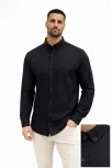 Erkek Keten Kumaş Oversize Uzun Kollu Rahat Kalıp Gömlek - Siyah
