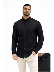 Erkek Keten Kumaş Oversize Uzun Kollu Rahat Kalıp Gömlek - Siyah