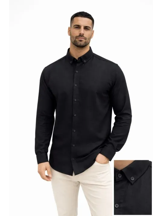 Erkek Keten Kumaş Oversize Uzun Kollu Rahat Kalıp Gömlek - Siyah