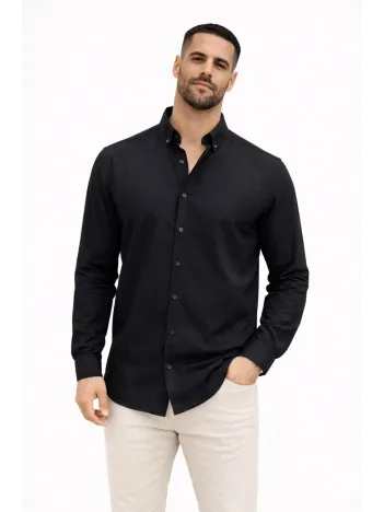 Erkek Keten Kumaş Oversize Uzun Kollu Rahat Kalıp Gömlek - Siyah