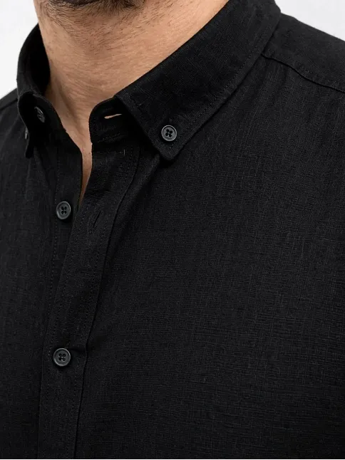 Erkek Keten Kumaş Oversize Uzun Kollu Rahat Kalıp Gömlek - Siyah