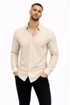 Erkek Keten Kumaş Oversize Uzun Kollu Rahat Kalıp Gömlek - Bej
