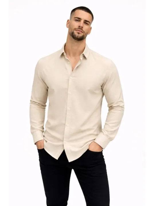 Erkek Keten Kumaş Oversize Uzun Kollu Rahat Kalıp Gömlek - Bej