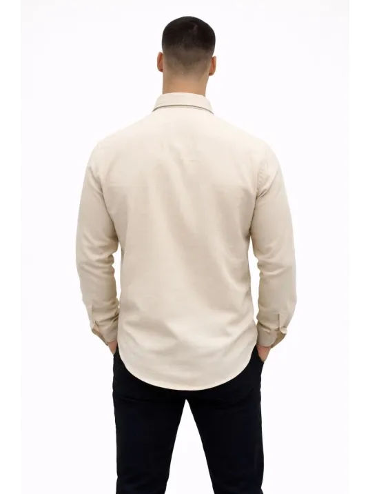 Erkek Keten Kumaş Oversize Uzun Kollu Rahat Kalıp Gömlek - Bej