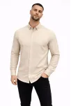 Erkek Keten Kumaş Oversize Uzun Kollu Rahat Kalıp Gömlek - Bej