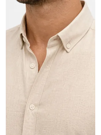 Erkek Keten Kumaş Oversize Uzun Kollu Rahat Kalıp Gömlek - Bej