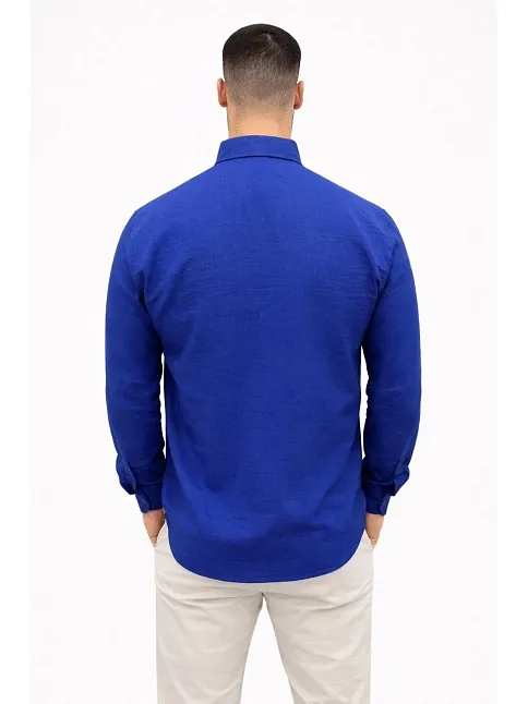 Erkek Keten Kumaş Oversize Uzun Kollu Rahat Kalıp Gömlek - Saks Mavisi