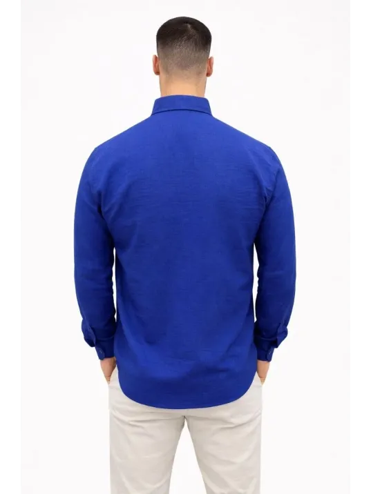 Erkek Keten Kumaş Oversize Uzun Kollu Rahat Kalıp Gömlek - Saks Mavisi