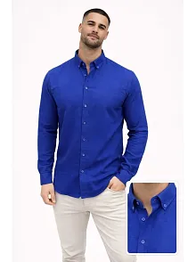 Erkek Keten Kumaş Oversize Uzun Kollu Rahat Kalıp Gömlek - Saks Mavisi