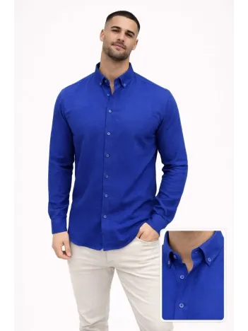 Erkek Keten Kumaş Oversize Uzun Kollu Rahat Kalıp Gömlek - Saks Mavisi