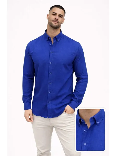 Erkek Keten Kumaş Oversize Uzun Kollu Rahat Kalıp Gömlek - Saks Mavisi