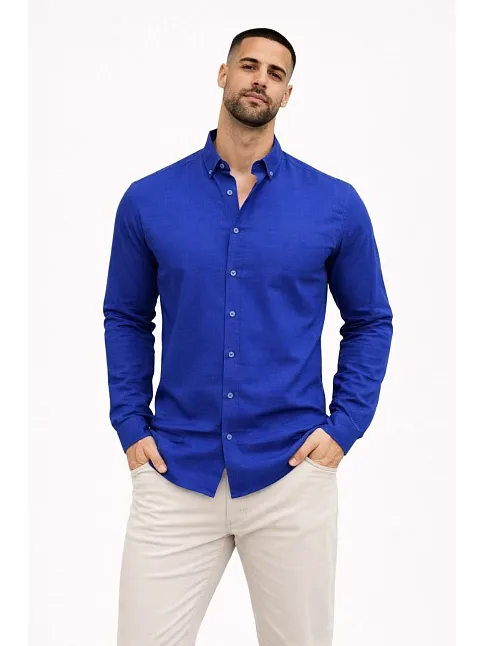 Erkek Keten Kumaş Oversize Uzun Kollu Rahat Kalıp Gömlek - Saks Mavisi