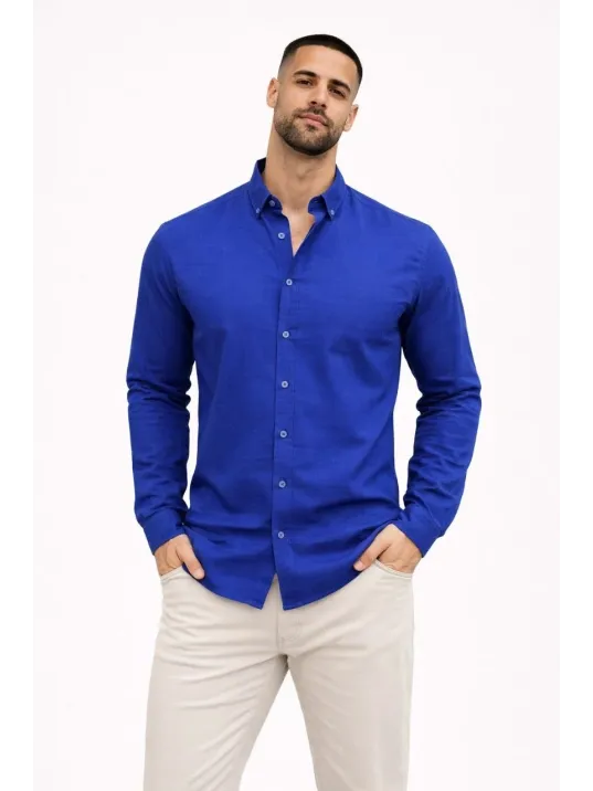 Erkek Keten Kumaş Oversize Uzun Kollu Rahat Kalıp Gömlek - Saks Mavisi