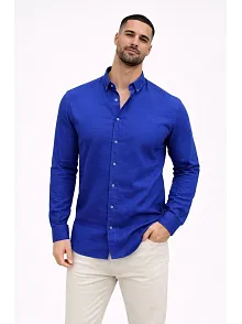 Erkek Keten Kumaş Oversize Uzun Kollu Rahat Kalıp Gömlek - Saks Mavisi