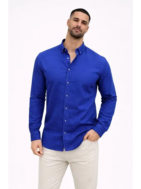 Erkek Keten Kumaş Oversize Uzun Kollu Rahat Kalıp Gömlek - Saks Mavisi