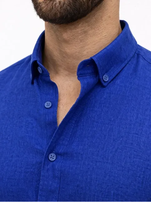 Erkek Keten Kumaş Oversize Uzun Kollu Rahat Kalıp Gömlek - Saks Mavisi