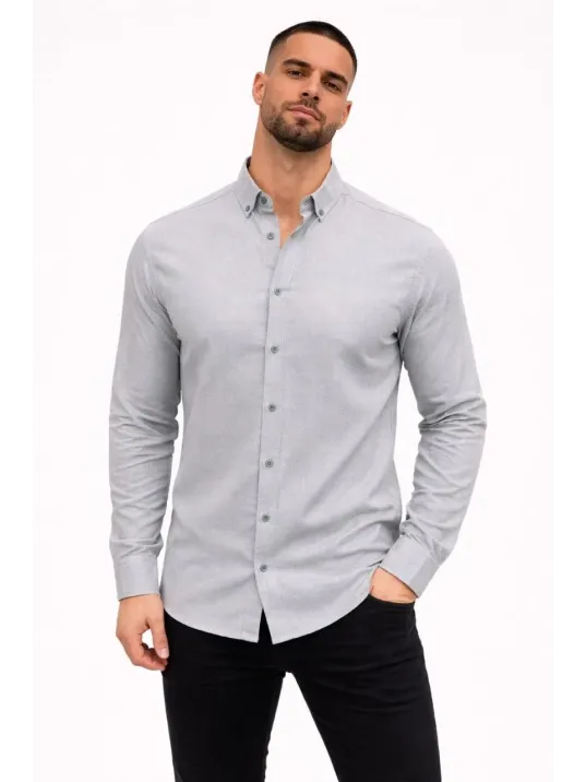 Erkek Keten Kumaş Oversize Uzun Kollu Rahat Kalıp Gömlek - Boyalı Gri