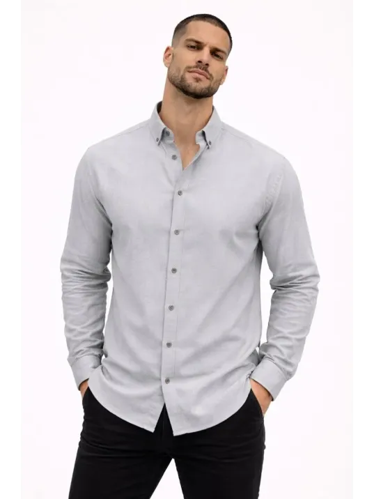 Erkek Keten Kumaş Oversize Uzun Kollu Rahat Kalıp Gömlek - Boyalı Gri