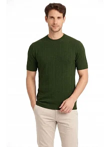Erkek Yazlık Fitilli Triko Tişört Kısa Kol Bisiklet Yaka T-shirt - Haki
