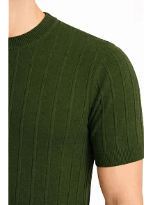 Erkek Yazlık Fitilli Triko Tişört Kısa Kol Bisiklet Yaka T-shirt - Haki Erkek Yazlık Fitilli Triko Tişört Kısa Kol Bisiklet Yaka T-shirt - Haki