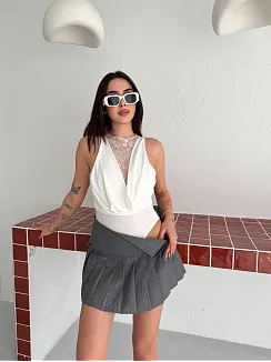 Kadın Dantel Detaylı Derin Dekolte Body Şık Kolsuz Yazlık Bodysuit - Beyaz