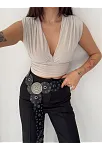 Kadın Vatkalı Kolsuz V Yaka Drapeli Crop Bluz Likralı Fit - Boyalı Gri Kadın Vatkalı Kolsuz V Yaka Drapeli Crop Bluz Likralı Fit - Boyalı Gri