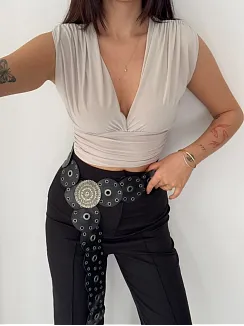 Kadın Vatkalı Kolsuz V Yaka Drapeli Crop Bluz Likralı Fit - Boyalı Gri