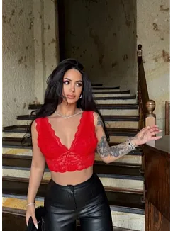 Kadın Dantel Bralet Crop Sütyen V Yaka Askılı Şık Esnek Rahat - Kırmızı