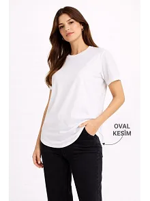 Kadın Basic T-shirt Kısa Kol Bisiklet Yaka Oval Kesim Tişört - Beyaz