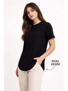 Kadın Basic T-shirt Kısa Kol Bisiklet Yaka Oval Kesim Tişört - Siyah