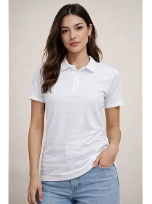 Kadın Polo Yaka Pike Kumaş Düğmeli Basic Tişört T-shirt Günlük Rahat - Beyaz Kadın Polo Yaka Pike Kumaş Düğmeli Basic Tişört T-shirt Günlük Rahat - Beyaz