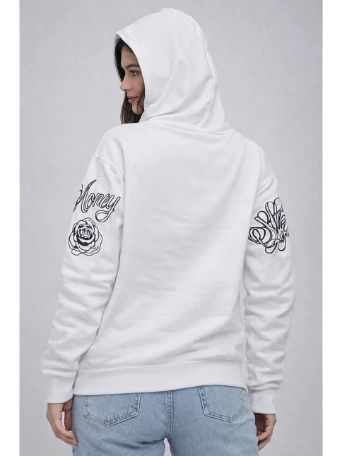 Kadın 3 İplik Pamuklu Kapüşonlu Baskılı Sweatshirt Hoodie - Beyaz Kadın 3 İplik Pamuklu Kapüşonlu Baskılı Sweatshirt Hoodie - Beyaz
