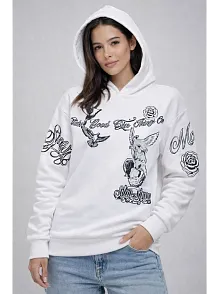Kadın 3 İplik Pamuklu Kapüşonlu Baskılı Sweatshirt Hoodie - Beyaz