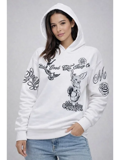 Kadın 3 İplik Pamuklu Kapüşonlu Baskılı Sweatshirt Hoodie - Beyaz Kadın 3 İplik Pamuklu Kapüşonlu Baskılı Sweatshirt Hoodie - Beyaz