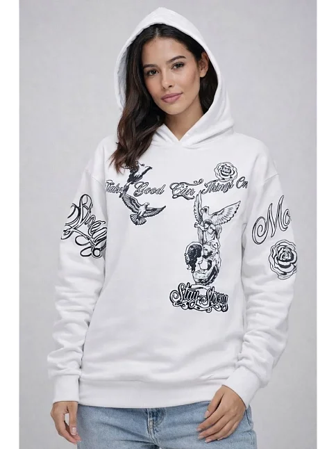 Kadın 3 İplik Pamuklu Kapüşonlu Baskılı Sweatshirt Hoodie - Beyaz Kadın 3 İplik Pamuklu Kapüşonlu Baskılı Sweatshirt Hoodie - Beyaz