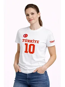 Kadın Türkiye Ay Yıldız Baskılı 10 Numara Forma Tişört Taraftar T-shirt - Beyaz Kadın Türkiye Ay Yıldız Baskılı 10 Numara Forma Tişört Taraftar T-shirt - Beyaz