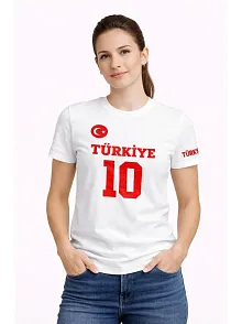 Kadın Türkiye Ay Yıldız Baskılı 10 Numara Forma Tişört Taraftar T-shirt - Beyaz