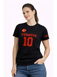 Kadın Türkiye Ay Yıldız Baskılı 10 Numara Forma Tişört Taraftar T-shirt - Siyah