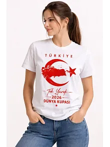Kadın Türkiye Ay Yıldız 2026 Dünya Kupasi Taraftar Forma T-shirt - Beyaz