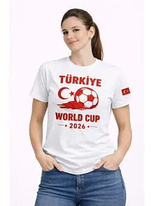 Kadın Türkiye World Cup 2026 Baskılı Tişört Futbol Temalı Forma T-shirt - Beyaz