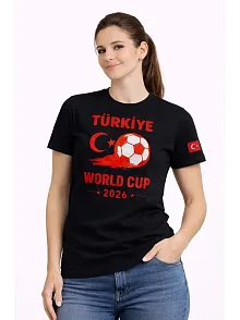 Kadın Türkiye World Cup 2026 Baskılı Tişört Futbol Temalı Forma T-shirt - Siyah