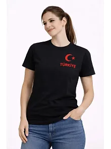 Kadın Türkiye Ay Yıldız Baskılı Taraftar Forma T-shirt - Siyah
