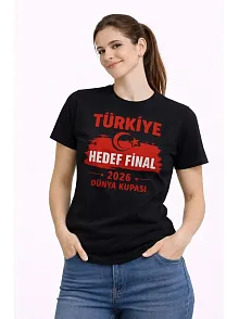 Kadın Türkiye Baskılı Tişört Ay Yıldız 2026 Dünya Kupası Taraftar Forma T-shirt - Siyah