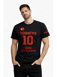 Erkek Türkiye Baskılı Tişört 2026 Dünya Kupası Taraftar Forma T-shirt - Siyah