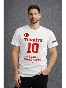 Erkek Türkiye Baskılı Tişört 2026 Dünya Kupası Taraftar Forma T-shirt - Beyaz